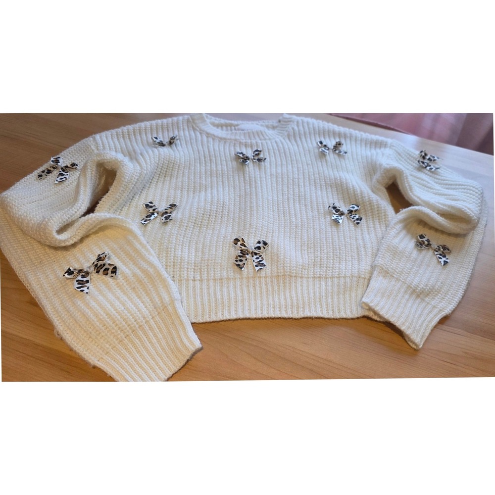 No Comment Girls Ivory Shaker Knit Cropped Sweater Leopard Print Bows Size 7/8